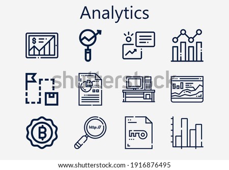 Premium set of analytics [S] icons. Simple analytics icon pack. Stroke vector illustration on a white background. Modern outline style icons collection of Keyword, Analysis, Bitcoin, Search engine
