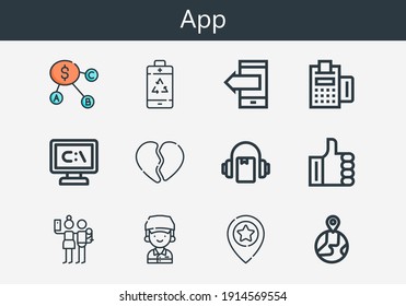 Premium set of app line icons. Simple app icon pack. Stroke vector illustration on a white background. Modern outline style icons collection of Placeholder, Payment, Like, Dollar, Broken heart