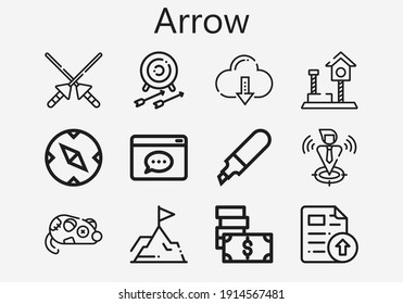 Premium set of arrow [S] icons. Simple arrow icon pack. Stroke vector illustration on a white background. Modern outline style icons collection of Money, Spears, Cloud computing, Play, Mouse