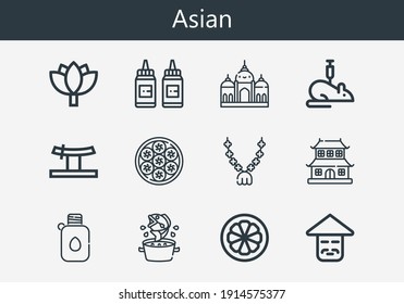 Premium set of asian line icons. Simple asian icon pack. Stroke vector illustration on a white background. Modern outline style icons collection of Baozi, Dojo, Soup, Canteen, Rat, Pendant