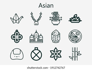 Premium set of asian [S] icons. Simple asian icon pack. Stroke vector illustration on a white background. Modern outline style icons collection of Origami, Jiaozi, Canteen, Shuriken, Pendant