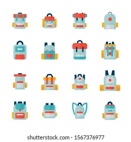 Premium set of backpack flat icons. Web symbols for web sites and mobile app. Modern vector symbols, isolated on a white background. Simple flat color signs.