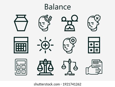 Juego premium de iconos de balance [S]. Paquete de iconos de balance simple. Ilustración vectorial de trazo sobre un fondo blanco. Iconos de estilo de contorno moderno colección de Justicia, Recibo, Mente, Calculadora, Cerámica