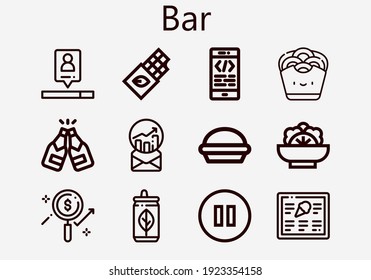 Conjunto premium de iconos de barra [S]. Paquete de iconos de barra simple. Ilustración vectorial de trazo sobre un fondo blanco. Moderna colección de iconos de estilo de contorno de Can, Pause, Coding, motor de búsqueda, estadísticas, chocolate