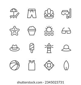 Premium set of beach line icons. Simple pictograms pack. Stroke vector illustration on a white background. Modern outline style icons collection.