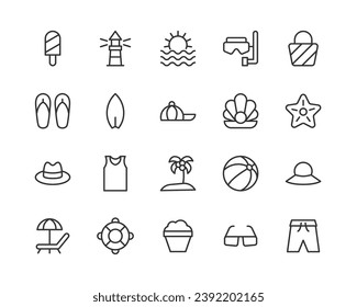 Premium set of beach line icons. Simple pictograms pack. Stroke vector illustration on a white background. Modern outline style icons collection.