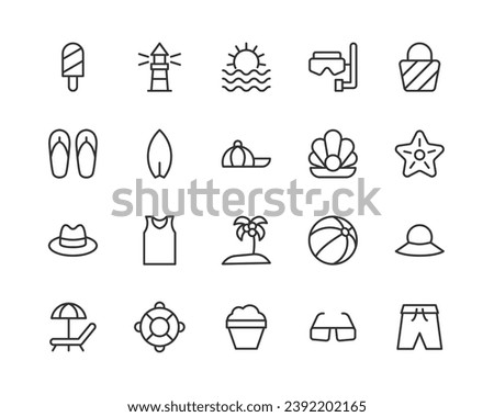 Premium set of beach line icons. Simple pictograms pack. Stroke vector illustration on a white background. Modern outline style icons collection.