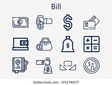 Premium set of bill icons. Simple bill icon pack. Stroke vector illustration on a white background. Modern outline style icons collection of Purse, Guide, Dollar, Online payment, Custome