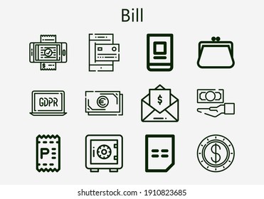 Premium set of bill [S] icons. Simple bill icon pack. Stroke vector illustration on a white background. Modern outline style icons collection of Purse, Online banking, Invoice, Dollar, Safe deposit