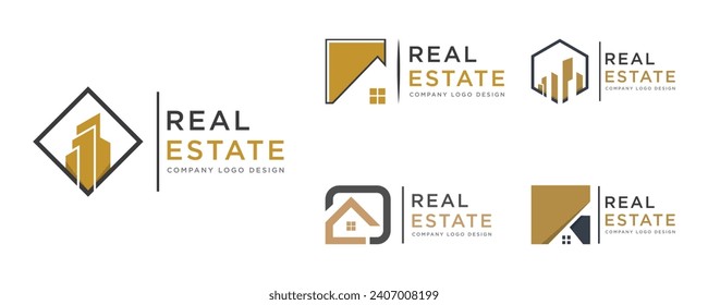 Premium Set of Black and Gold Real Estate Logo Image on White Background. Flat Vector Logo Design Template Element for Construction Architecture Building Logos.