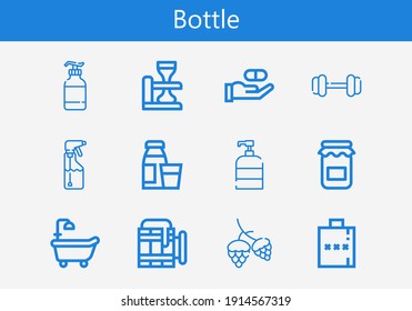 Premium set of bottle line icons. Simple bottle icon pack. Stroke vector illustration on a white background. Modern outline style icons collection of Medicine, Diary product, Bottle, Dumbbell