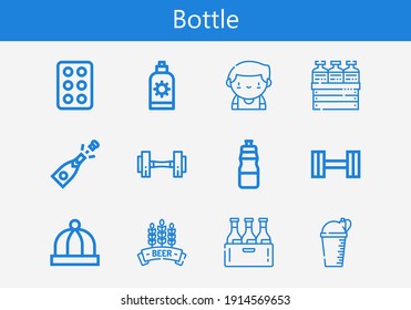 Premium set of bottle line icons. Simple bottle icon pack. Stroke vector illustration on a white background. Modern outline style icons collection of Drug, Bottle, Sun cream, Dumbbell, Barman