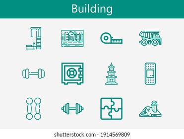 Premium set of building line icons. Simple building icon pack. Stroke vector illustration on a white background. Modern outline style icons collection of Puzzle, Measuring tape, Dumbbell, Buildings