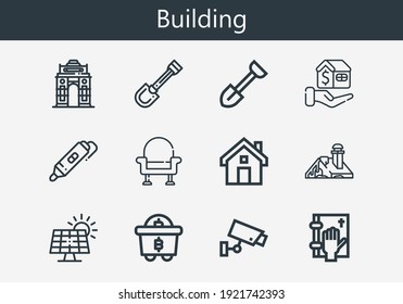 Premium set of building line icons. Simple building icon pack. Stroke vector illustration on a white background. Modern outline style icons collection of Mining, India gate, Oath, Shovel, Mortgage