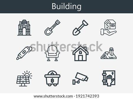 Premium set of building line icons. Simple building icon pack. Stroke vector illustration on a white background. Modern outline style icons collection of Mining, India gate, Oath, Shovel, Mortgage