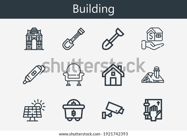 Premium set of building line icons. Simple\
building icon pack. Stroke vector illustration on a white\
background. Modern outline style icons collection of Mining, India\
gate, Oath, Shovel,\
Mortgage