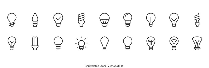 Juego premium de iconos de línea de bombilla. Envase simple de pictogramas. Ilustración vectorial de trazo sobre un fondo blanco. Colección moderna de iconos de estilo de contorno.