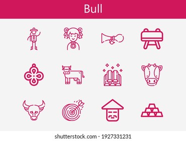 Premium set of bull line icons. Simple bull icon pack. Stroke vector illustration on a white background. Modern outline style icons collection of Horn, Buck, Pendant, Dartboard