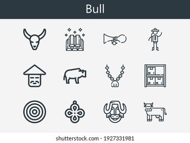 Premium set of bull line icons. Simple bull icon pack. Stroke vector illustration on a white background. Modern outline style icons collection of Horn, Pendant, Bull skull