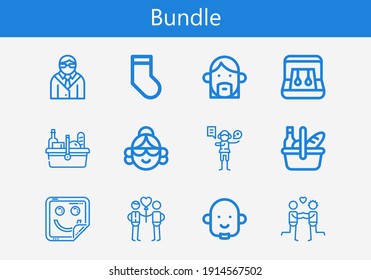 Premium set of bundle line icons. Simple bundle icon pack. Stroke vector illustration on a white background. Modern outline style icons collection of Earrings, Sticker, Picnic, Acting, Couple