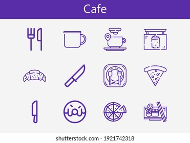 Premium set of cafe line icons. Simple cafe icon pack. Stroke vector illustration on a white background. Modern outline style icons collection of Pizza, Donut, Restaurant, Knife, Croissant, Sushi