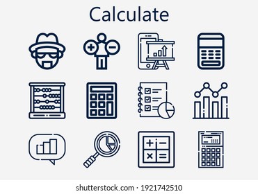 Premium set of calculate [S] icons. Simple calculate icon pack. Stroke vector illustration on a white background. Modern outline style icons collection of Analysis, Calculator, Abacus, Heisenberg