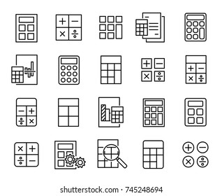 Premium set of calculation line icons. Simple pictograms pack. Stroke vector illustration on a white background. Modern outline style icons collection. 