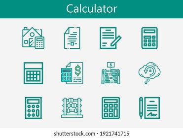 Premium set of calculator line icons. Simple calculator icon pack. Stroke vector illustration on a white background. Modern outline style icons collection of Retrocognition, Calculator, Calculate