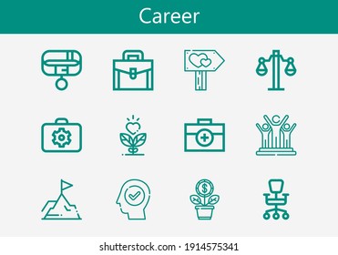 Premium set of career line icons. Simple career icon pack. Stroke vector illustration on a white background. Modern outline style icons collection of Briefcase, Growth, Signpost, Achievement, Balance