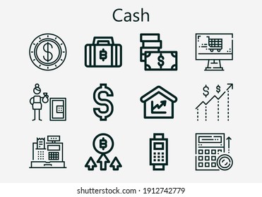 Premium set of cash [S] icons. Simple cash icon pack. Stroke vector illustration on a white background. Modern outline style icons collection of Money, Payment, Dollar, Cash register, Bitcoin