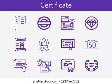 Premium set of certificate line icons. Simple certificate icon pack. Stroke vector illustration on a white background. Modern outline style icons collection of Diploma, Law, Iso, Quality, Laurel