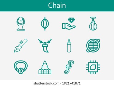 Premium set of chain line icons. Simple chain icon pack. Stroke vector illustration on a white background. Modern outline style icons collection of Chain, Necklace, Anchor, Punching bag, Boxing bag