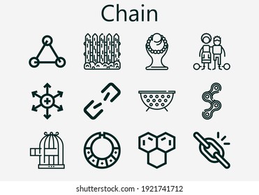 Conjunto premium de iconos de cadena [S]. Paquete de iconos de cadena simple. Ilustración vectorial de trazo sobre un fondo blanco. Colección de iconos de estilo de contorno moderno de Esclavitud, Molécula, Moléculas, Enlace roto, collar