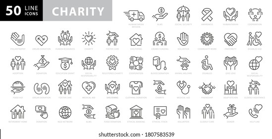 Premium set of charity line icons. Simple pictograms pack. Stroke vector illustration on a white background. Modern outline style icons collection