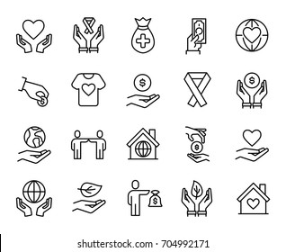 Premium set of charity line icons. Simple pictograms pack. Stroke vector illustration on a white background. Modern outline style icons collection.