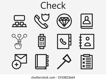 Premium set of check [S] icons. Simple check icon pack. Stroke vector illustration on a white background. Modern outline style icons collection of Add, Payment, Choice, Reflex hammer, Report