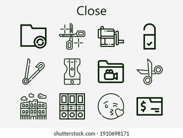 Premium set of close [S] icons. Simple close icon pack. Stroke vector illustration on a white background. Modern outline style icons collection of Safety pin, Doorknob, Scissors, Sharpener, Folders