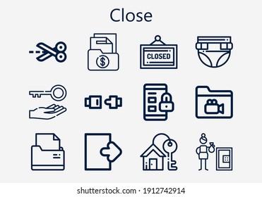 Premium set of close [S] icons. Simple close icon pack. Stroke vector illustration on a white background. Modern outline style icons collection of Seat belt, Padlock, Scissors, Closed, Logout