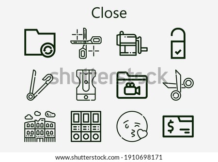 Premium set of close [S] icons. Simple close icon pack. Stroke vector illustration on a white background. Modern outline style icons collection of Safety pin, Doorknob, Scissors, Sharpener, Folders