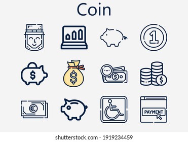 Premium set of coin [S] icons. Simple coin icon pack. Stroke vector illustration on a white background. Modern outline style icons collection of Coin, Money, Coins, Piggy bank, Profits, Parking