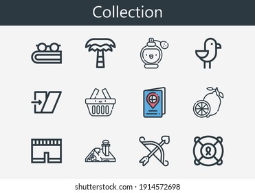Premium set of collection line icons. Simple collection icon pack. Stroke vector illustration on a white background. Modern outline style icons collection of Arrow, Passport, Palm tree, Shear