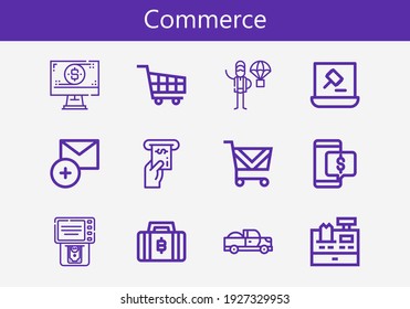 Premium-Set von Kommerziellen Linien-Symbolen. Einfaches Symbol für den Handel. Schlagt Vektorgrafik auf weißem Hintergrund. Sammlung moderner Symbole im Stile von Add, Discount, Auktion