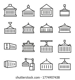 Premium-Set von Containerliniensymbolen. Web-Symbole für Webseiten und mobile App. Moderne Vektorsymbole einzeln auf weißem Hintergrund. Einfache Dünnzeilenzeichen.