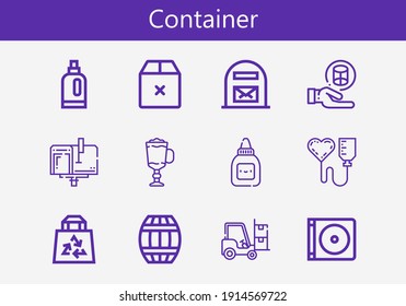 Premium set of container line icons. Simple container icon pack. Stroke vector illustration on a white background. Modern outline style icons collection of Cylinder, Detergent, Dvd, Mailbox