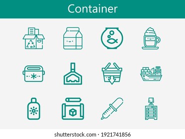 Premium set of container line icons. Simple container icon pack. Stroke vector illustration on a white background. Modern outline style icons collection of Recycling box, Portable fridge, Cargo ship