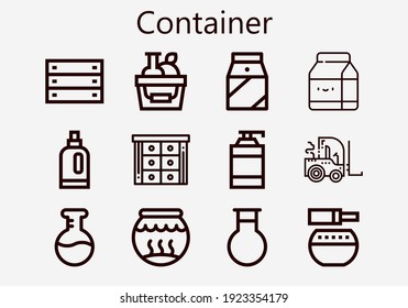 Premium set of container [S] icons. Simple container icon pack. Stroke vector illustration on a white background. Modern outline style icons collection of Detergent, Cabinet, Shampoo, Forklift