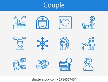 Premium set of couple line icons. Simple couple icon pack. Stroke vector illustration on a white background. Modern outline style icons collection of Bench, Parenthood, Nun, Ring, Old man, Badoo