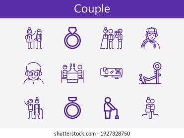 Premium set of couple line icons. Simple couple icon pack. Stroke vector illustration on a white background. Modern outline style icons collection of Bench, Romantic dinner, Balcony