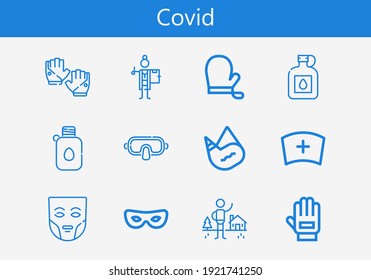 Premium Set Of Covid Line Icons. Simple Covid Icon Pack. Stroke Vector Illustration On A White Background. Modern Outline Style Icons Collection Of Canteen, Glove, Gloves, Mask, Shelter, Doctor