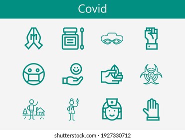 Premium set of covid line icons. Simple covid icon pack. Stroke vector illustration on a white background. Modern outline style icons collection of Biohazard, Gloves, Goggle